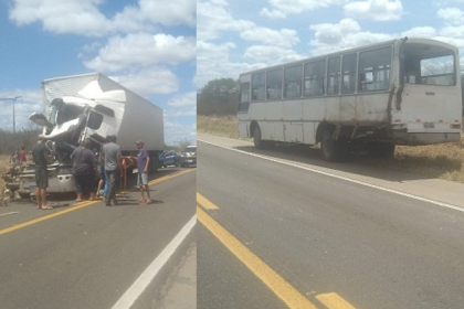 Montagem de fotos, a primeira mostra um caminhão danificado por conta da colisão, a segunda mostra o onibus atingido