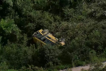 Imagem de ônibus escolar caído na área de vegetação